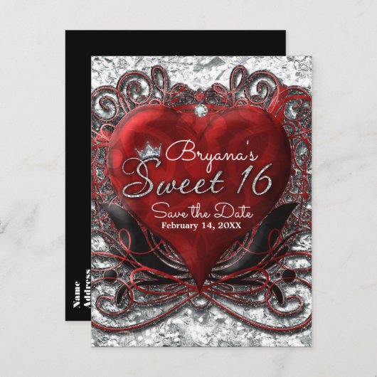赤と黒のハートフォイル見た甘い16日付を保存 案内ポストカード (正面/裏面)