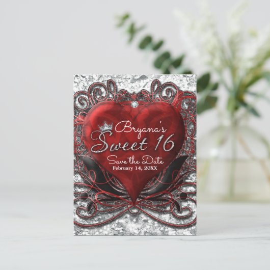 赤と黒のハートフォイル見た甘い16日付を保存 案内ポストカード (スタンド正面)