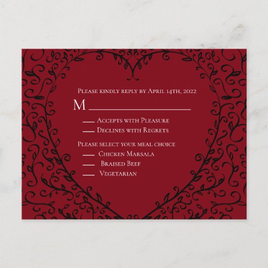 赤と黒のハート結婚ゴシックの返信カード ポストカード (正面)