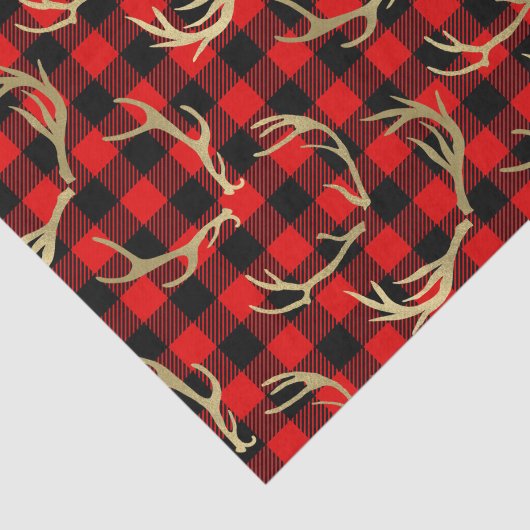 赤と黒のバイカラーのチェック柄と金の鹿の角 薄葉紙 (詳細)