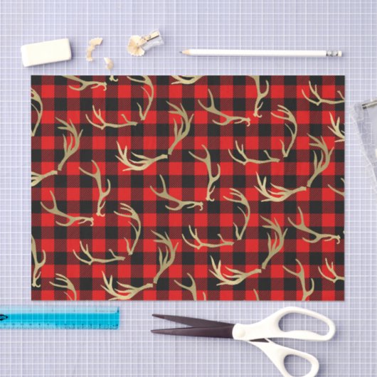 赤と黒のバイカラーのチェック柄と金の鹿の角 薄葉紙 (クラフト)