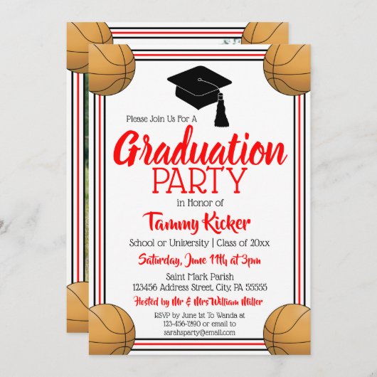 赤と黒のバスケットボール卒業式パーティー 招待状 (正面/裏面)