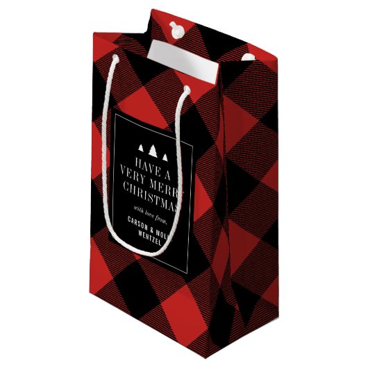 赤と黒のバッファローのチェックパーソナライズされたプレイド スモールペーパーバッグ (正面アングル)