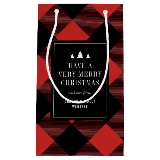 赤と黒のバッファローのチェックパーソナライズされたプレイド スモールペーパーバッグ (正面)