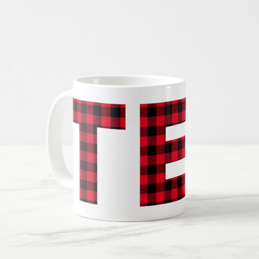 赤と黒のバッファローのプレイドはっきりしたレターティー コーヒーマグカップ (正面左)