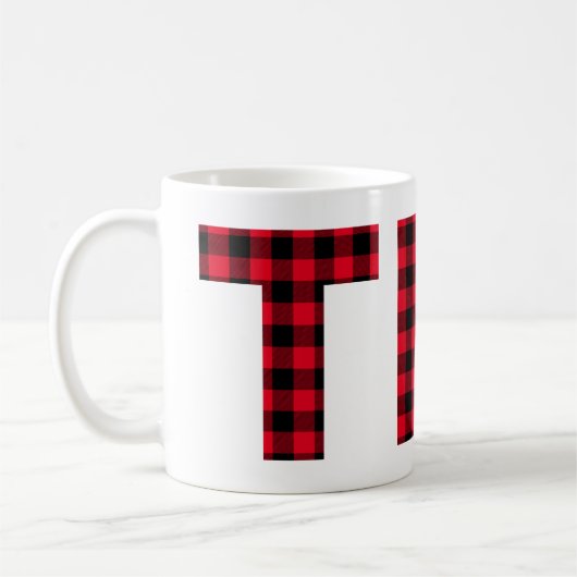 赤と黒のバッファローのプレイドはっきりしたレターティー コーヒーマグカップ (左)