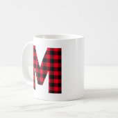 赤と黒のバッファローのプレイドはっきりしたレターMモノグラム コーヒーマグカップ (正面左)