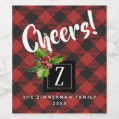 赤と黒のバッファローのプレイドクリスマスモノグラム ワインラベル (シングルラベル)