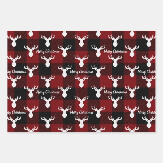 赤と黒のバッファローのプレイドクリスマス ラッピングペーパーシート (正面3)