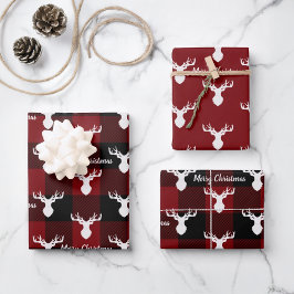 赤と黒のバッファローのプレイドクリスマス ラッピングペーパーシート