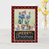 赤と黒のバッファローのプレイドチェックのクリスマス カード (黄色い花)