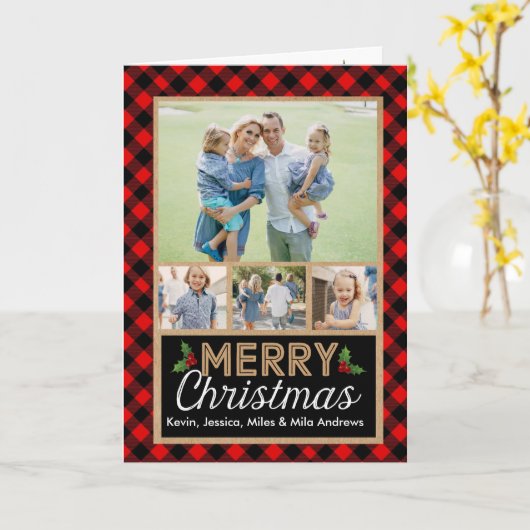 赤と黒のバッファローのプレイドチェックのクリスマス カード (黄色い花)