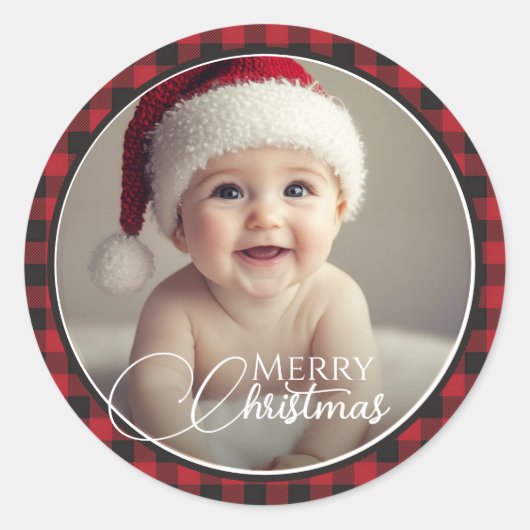 赤と黒のバッファローのプレイドメリークリスマスフォト ラウンドシール (正面)
