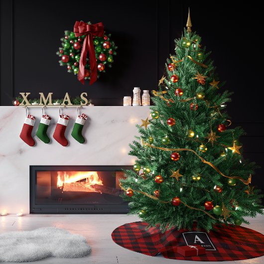 赤と黒のバッファローのプレイドモノグラム ブラッシュドポリエステルツリースカート