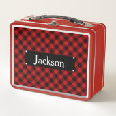 赤と黒のバッファローのプレイドモノグラム メタルランチボックス (正面)