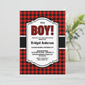 赤と黒のバッファローのプレイド赤ちゃんシャワー 招待状 (スタンド正面)