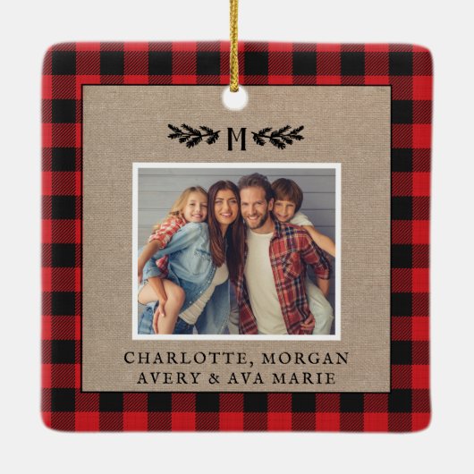赤と黒のバッファローのプレイドBurlapモノグラム写真 セラミックオーナメント (裏面)