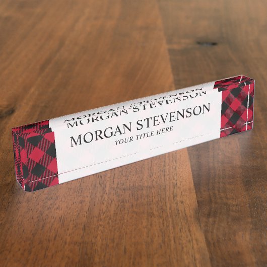 赤と黒のバッファローの格子柄 デスクネームプレート (側面)