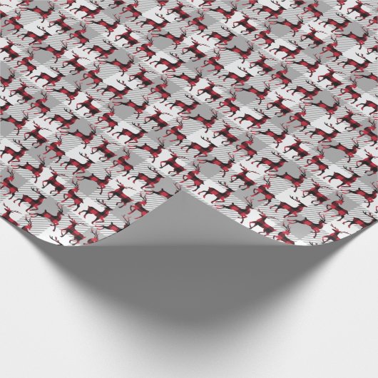 赤と黒のバッファローの格子縞のトナカイのクリスマス ラッピングペーパー (角)