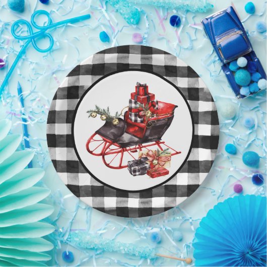 赤と黒のバッファローチェックそりとパッケージPa ペーパープレート (パーティー)