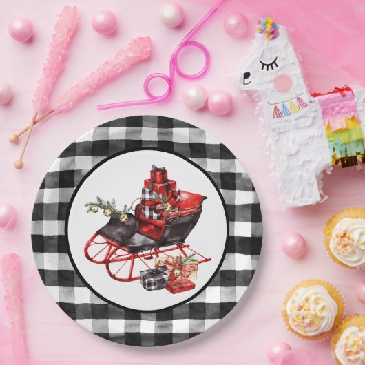 赤と黒のバッファローチェックそりとパッケージPa ペーパープレート (パーティー)