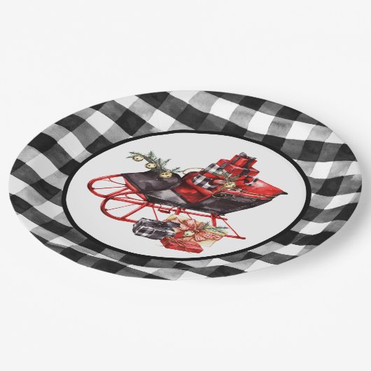 赤と黒のバッファローチェックそりとパッケージPa ペーパープレート (アングル)
