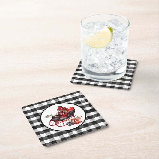 赤と黒のバッファローチェックそり及びパッケージ スクエアペーパーコースター (インサイチュ)
