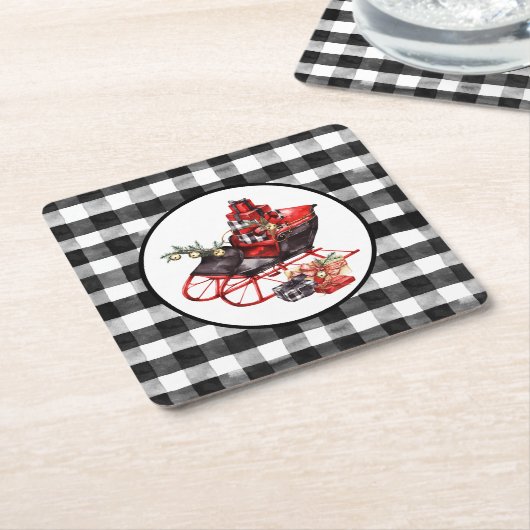 赤と黒のバッファローチェックそり及びパッケージ スクエアペーパーコースター (アングル)