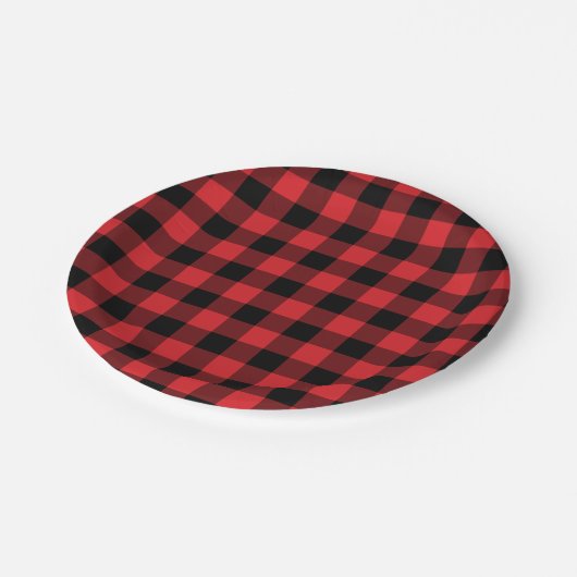 赤と黒のバッファローチェックの格子模様 ペーパープレート (アングル)