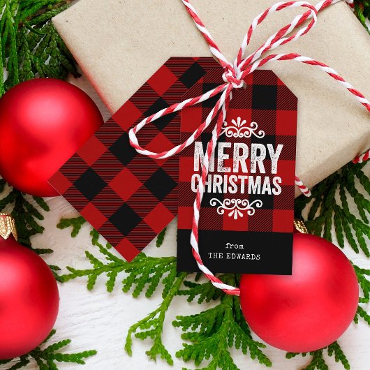 赤と黒のバッファローチェックの素朴クリスマス ギフトタグ