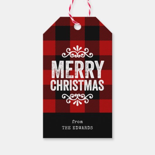 赤と黒のバッファローチェックの素朴クリスマス ギフトタグ (正面)