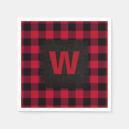 赤と黒のバッファローチェックモノグラム スタンダードカクテルナプキン (正面)