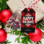 赤と黒のバッファローチェック素朴ホリデーフォト ギフトタグ