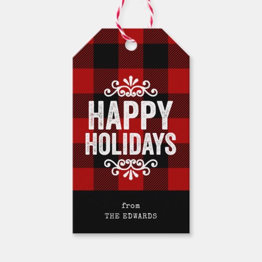 赤と黒のバッファローチェック素朴ホリデーフォト ギフトタグ (正面)