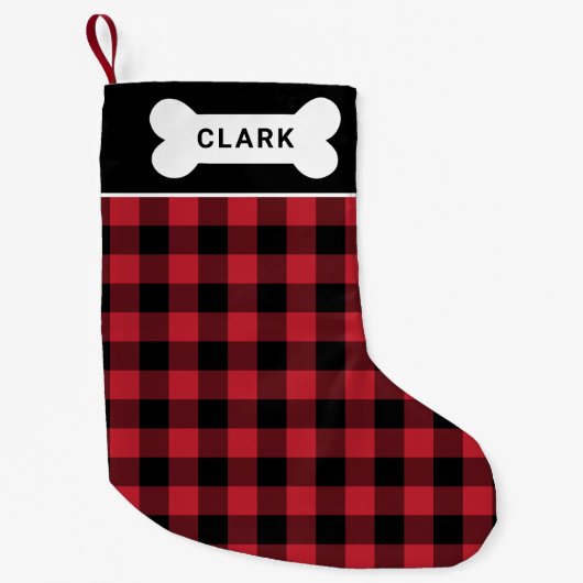 赤と黒のバッファロープライド犬の骨モノグラム スモールクリスマスストッキング (正面)