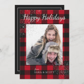 赤と黒のバッファロープレイドハッピーホリデーズフォト シーズンカード (正面/裏面)