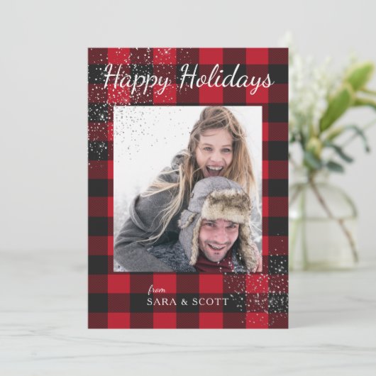 赤と黒のバッファロープレイドハッピーホリデーズフォト シーズンカード (スタンド正面)