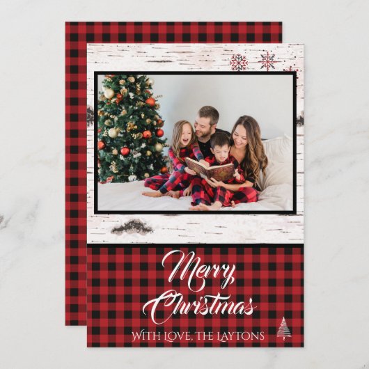 赤と黒のバッファロープレイドフォトホリデーカード シーズンカード (正面/裏面)