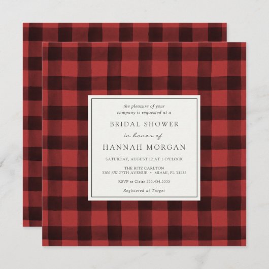 赤と黒のバッファロープレイドブライダルシャワー 招待状 (正面/裏面)