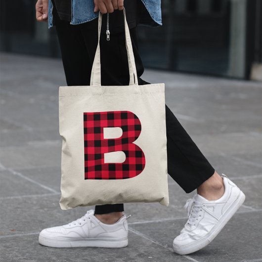 赤と黒のバッファロープレイド ボールドレター B モノグラム トートバッグ