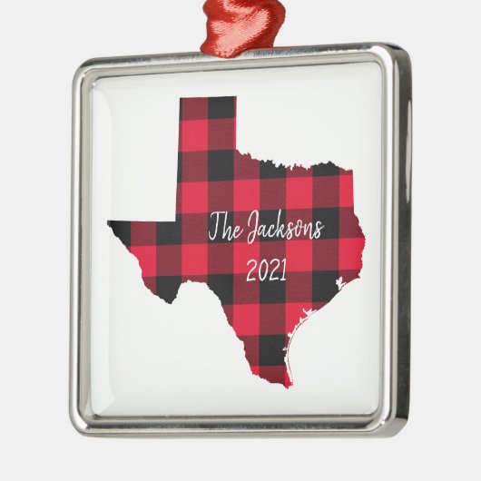 赤と黒のバッファロー・プレイドテキサス州の名前と年 メタルオーナメント (左)