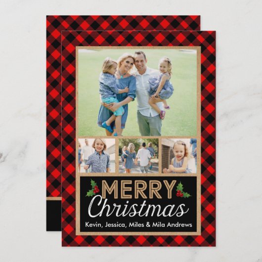 赤と黒のバッファロー・プレイド・クリスマス・フォトカード シーズンカード (正面/裏面)