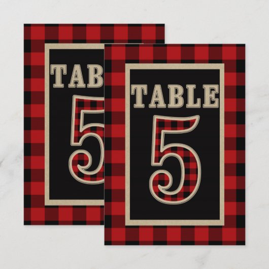 赤と黒のバフファロープレイドの素朴なテーブルナンバー5 招待状 (正面/裏面)