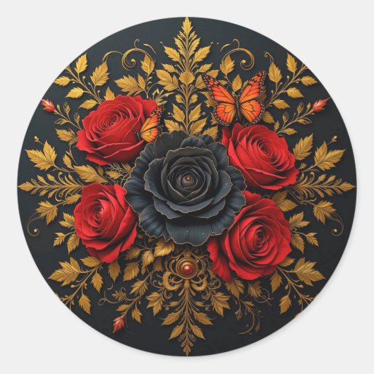 赤と黒のバラのロマンティックな開花 🌹🖤✨ ラウンドシール (正面)