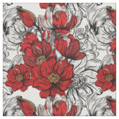 赤と黒のバラの模様の花の輪郭 ファブリック (クローズアップ)