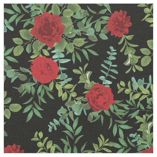 赤と黒のバラの花柄 ファブリック (クローズアップ)