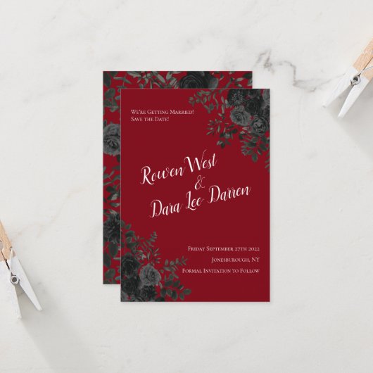 赤と黒のバラゴシックの結婚式の日付を保存 招待状 (正面/裏面インサイチュ)