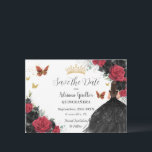 赤と黒のバラプリンセス金ゴールドキンセアニラ セーブザデート<br><div class="desc">赤と黒のかわいらしフローラをパーソナライズQuinceaenera / Sweet 16誕生日は簡単かつ迅速に日付を保存。単クリックにはカスタマイズ、さらにボタンをクリックして文字の編集、フォントとフォントの色の変更。美しいキラキラした黒いボールガウン、赤と黒のバラ、蝶と金ゴールド要素を着た女の子を特集鮮やか。ストアで使用可能な一致アイテム。ハサマーセット素晴らし書類</div>