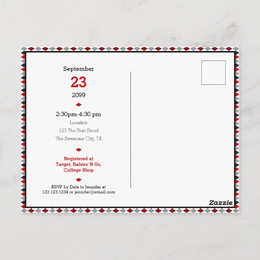 赤と黒のパターアーガイルン赤ちゃんシャワー ポストカード (裏面)