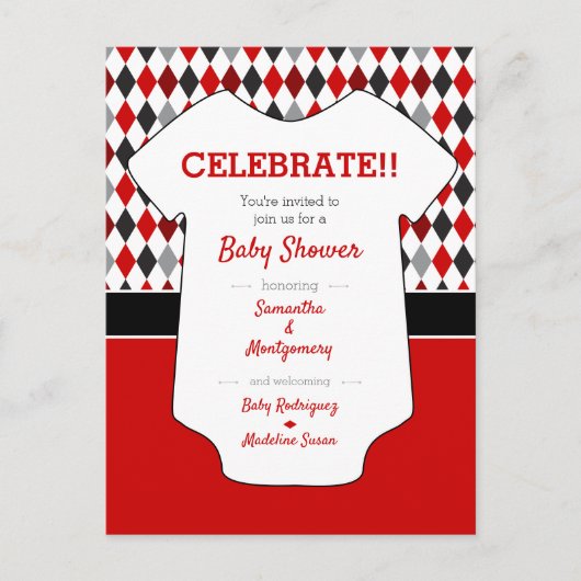 赤と黒のパターアーガイルン赤ちゃんシャワー ポストカード (正面)